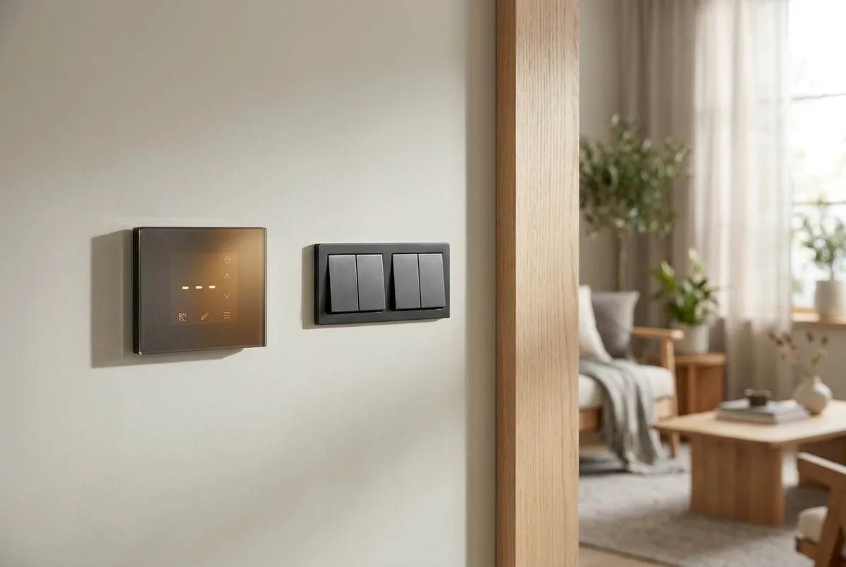 Edle Smart-Home-Bedienelemente an der Wand im modernen Zuhause